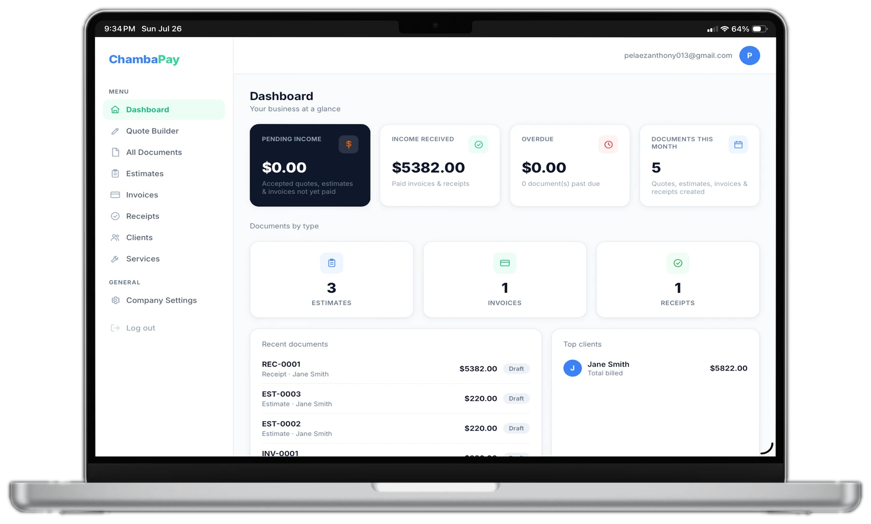 ChambaPay dashboard on a laptop, showing pending income, paid invoices, and recent documents